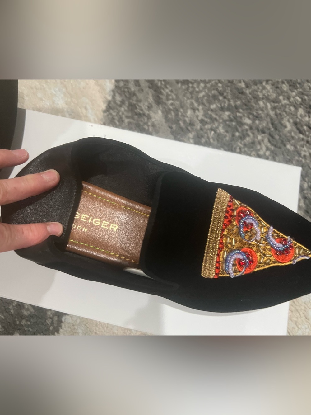 Kurt Geiger Black Velvet Pointed Loafers with Pizza and Beer Appliqués - Picture 7 of 9